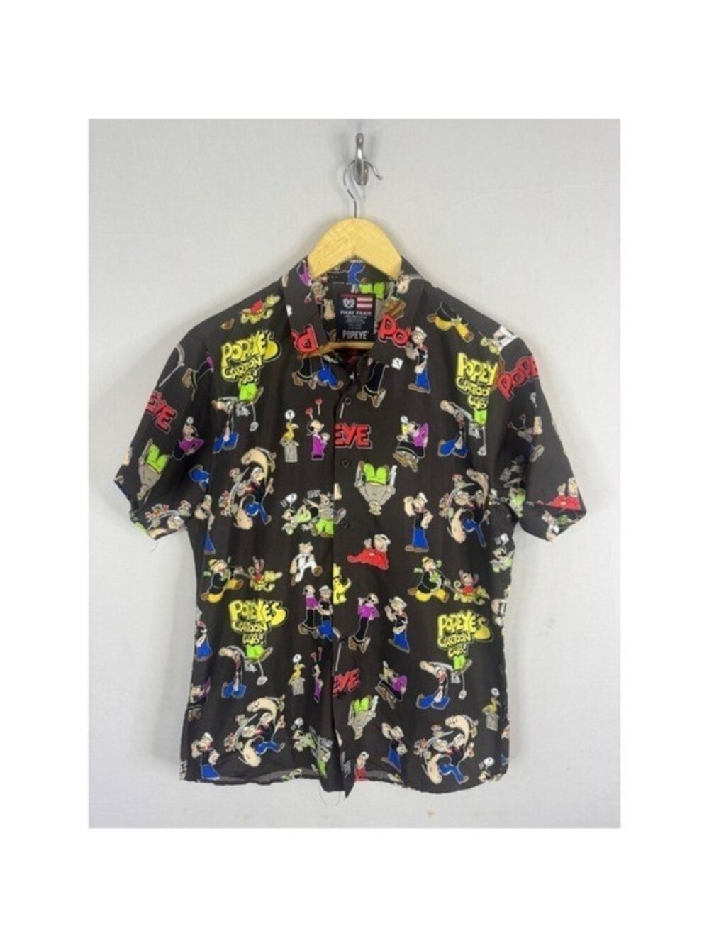 Phat Farm Popeye Cartoon Club Button Down Shirt Mens Large Brown Short Sleeve